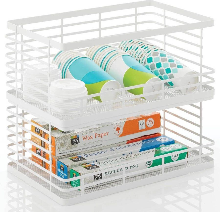 LifeStages Fruitmand voor keuken en badkamer stapelbare mand van metaal met open voorkant ideaal als broodmand voor fruit en snacks of lotions en handdoeken set van 2 mat wit