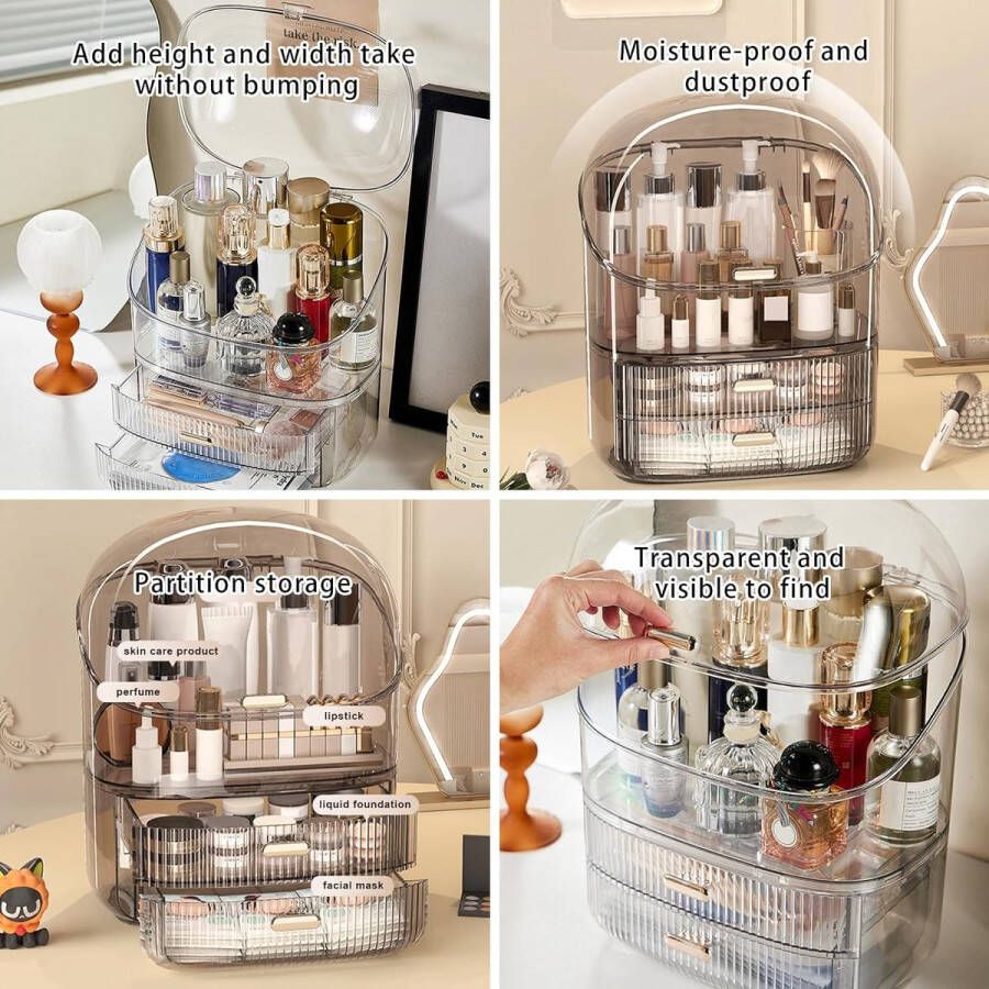 LifeStages Grote make-up cosmetische organizer met 2 laden stofdichte cosmetische opberger met deksel cosmetische huidverzorging organizer voor kaptafel badkamer slaapkamer (transparant)