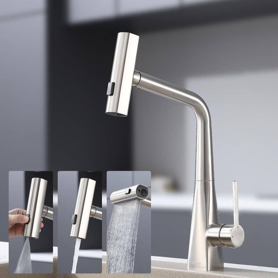 LifeStages Hogedruk keukenkraan Uitschuifbaar Koude start RVS spoelbakmengkraan met draaibare uitloop drie waterstraalmodi ééngreepsmengkraan met uitschuifbare douche 360° draaibaar
