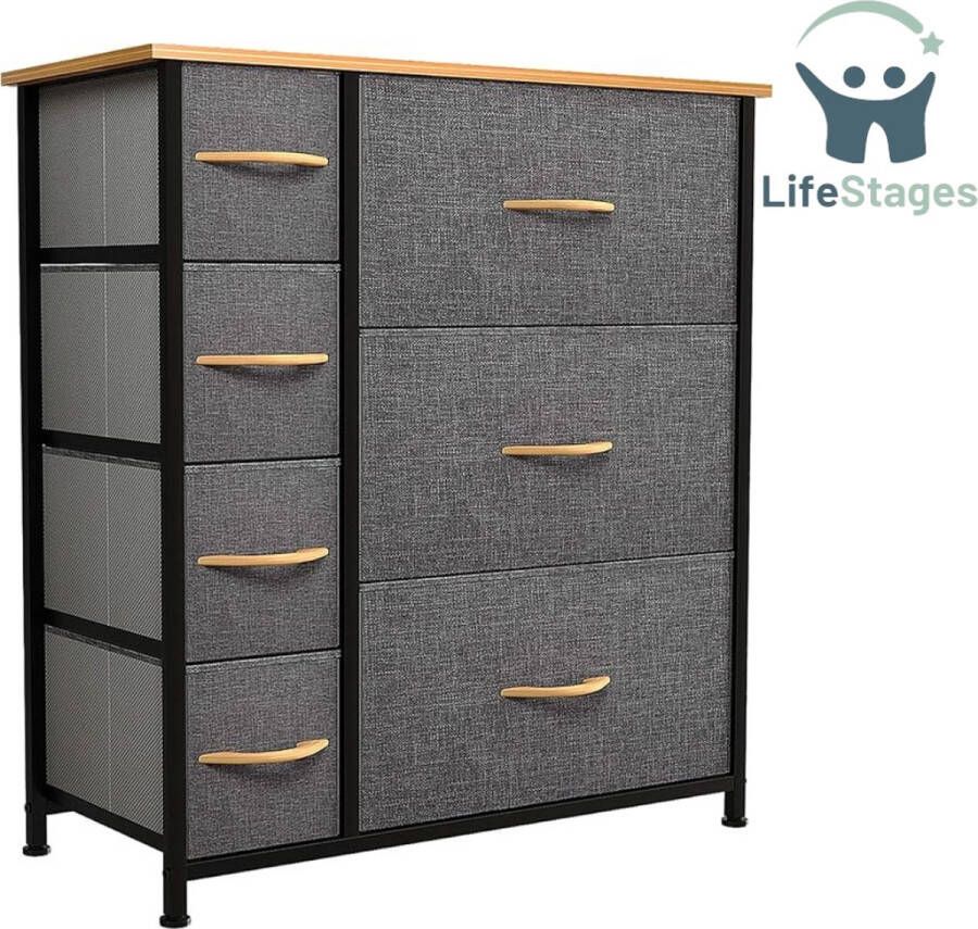 LifeStages Ladekastje Non-Woven Stof 7 Lades Stevig Stalen Frame Donkergrijs 30 x 64 x 72 CM