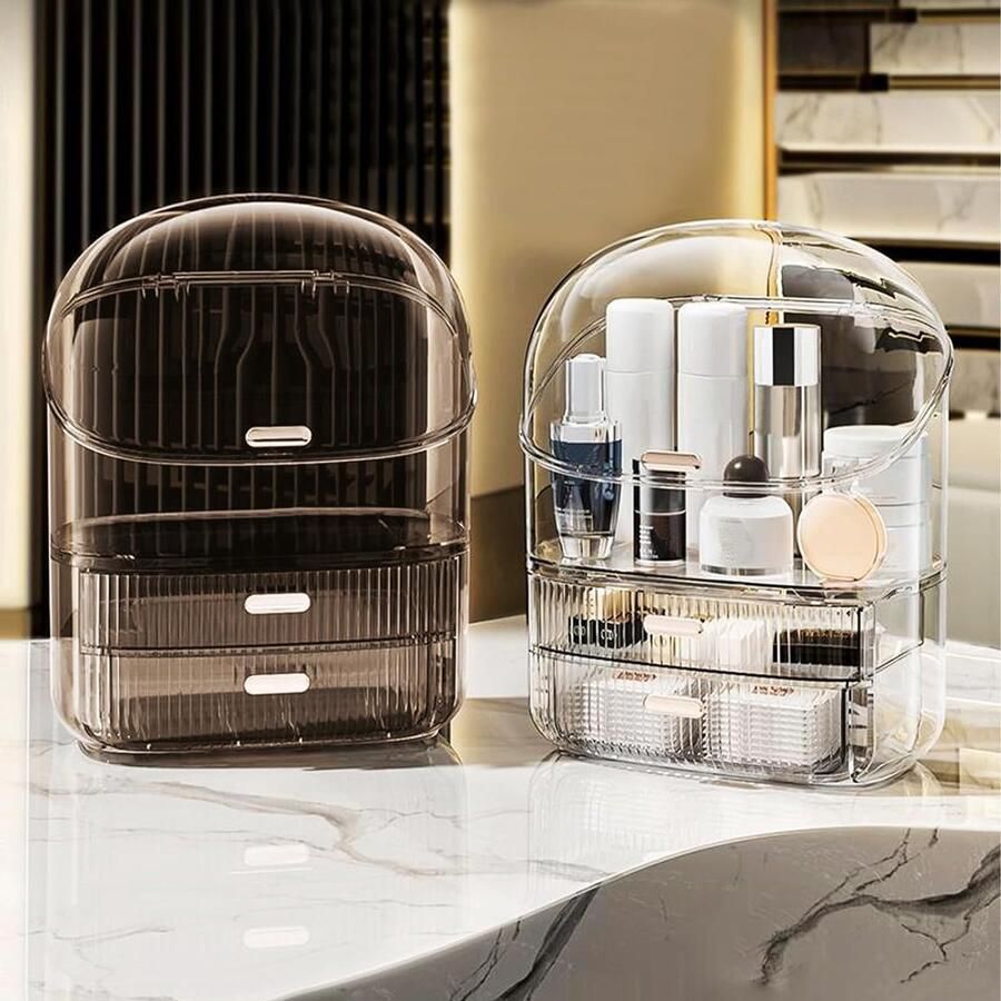 LifeStages Grote make-up cosmetische organizer met 2 laden stofdichte cosmetische opberger met deksel cosmetische huidverzorging organizer voor kaptafel badkamer slaapkamer (bruin)