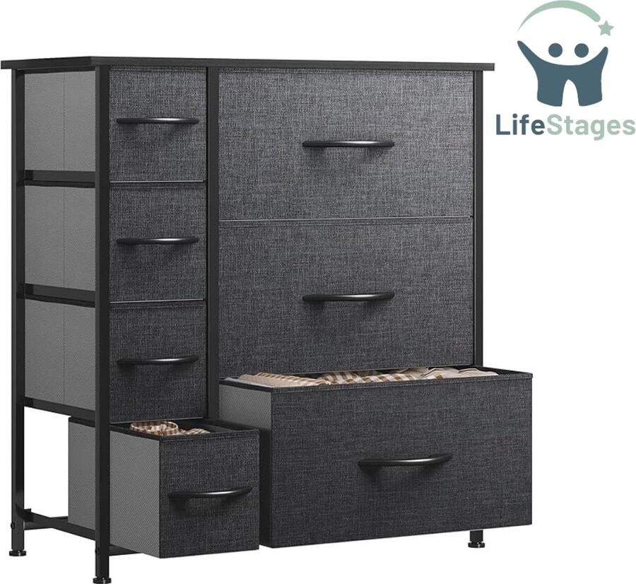 LifeStages Ladekastje Non-Woven Stof 7 Lades Stevig Stalen Frame Zwart Grijs 30 x 64 x 72 CM