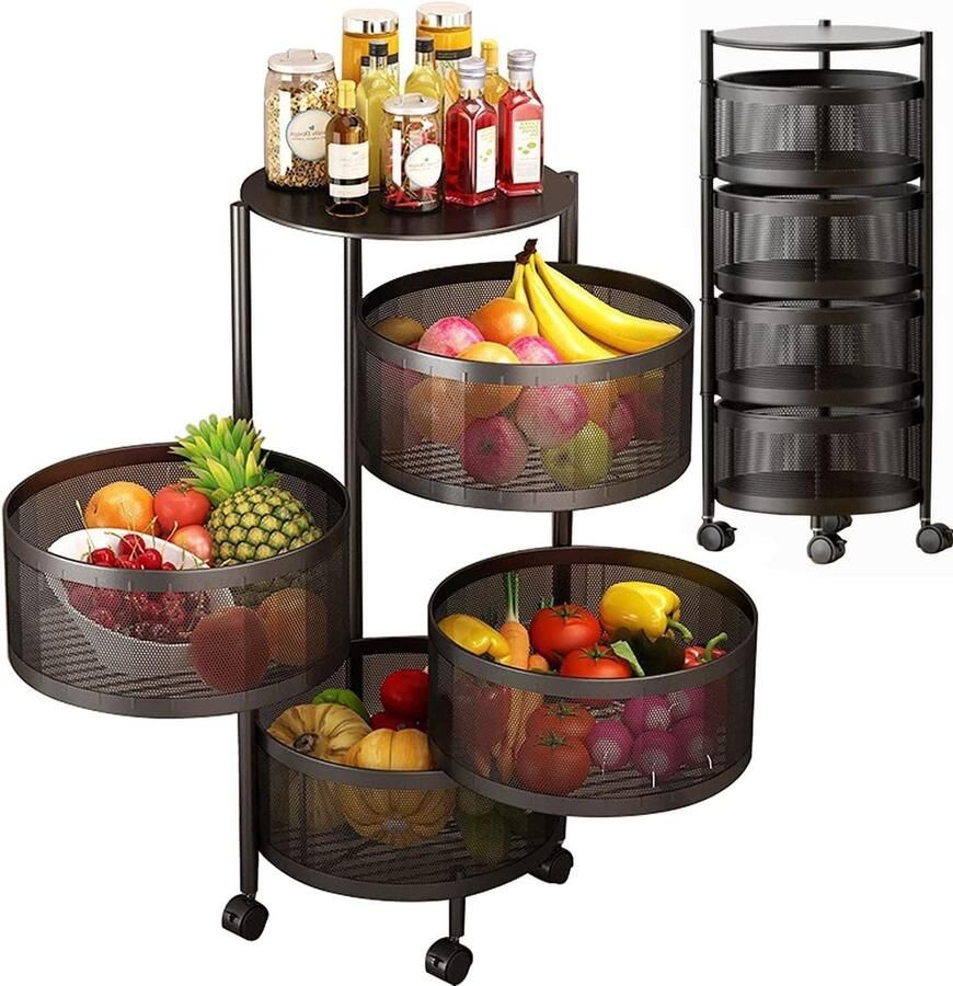 LifeStages Rolwagen met 4 niveaus draaibaar opbergrek fruit- en groenterek met wielen keukenrolwagen meerlaags rond keukenrek zonder montage geschikt voor keuken badkamer woonkamer kantoor