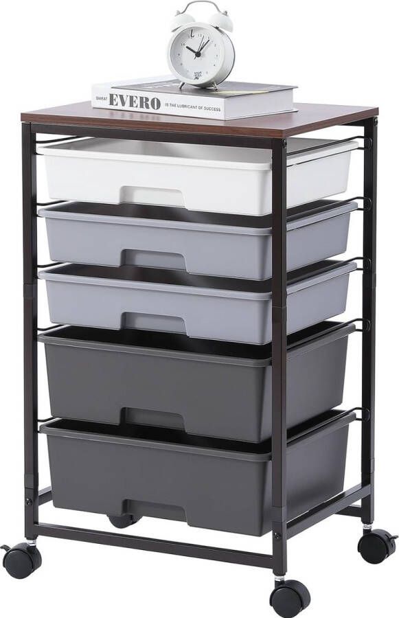 LifeStages Opbergwagen op wielen trolley met 5 laden multifunctionele trolley met houten tafelblad voor keuken woonkamer slaapkamer kantoor grote capaciteit grijs