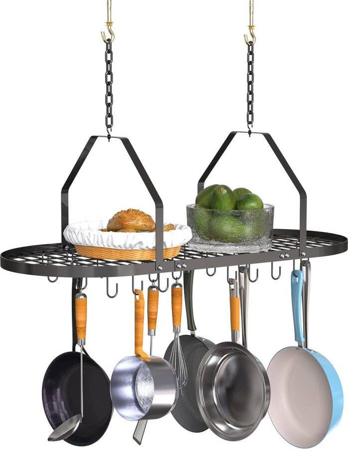 LifeStages Plafondpot en pannenrek met 20 haken Decoratief gemonteerd opbergrek Multifunctionele organizer voor thuis (zwart)
