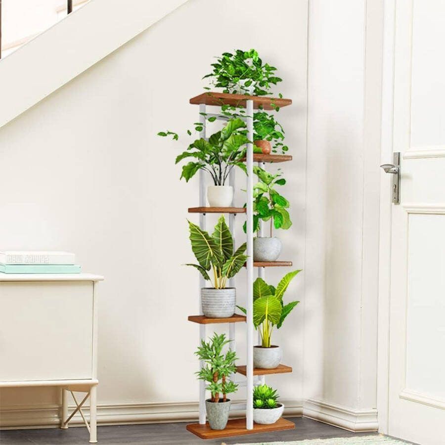 LifeStages Plantentrap 7 dieren voor binnen houten en metaal staande bloemenstandaard planken 7 niveaus 8 potten meerdere bloempothouders voor balkon tuin vensterbank hoek (7 dieren 8 potten wit)
