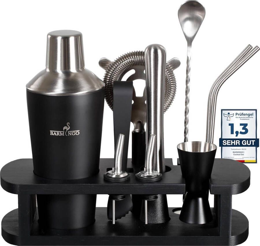 LifeStages Roestvrijstalen cocktailset 11-delig – 700 ml cocktailshakerset met standaard en bar accessoires cocktailshaker set barkeeperset cocktailmix set cadeauset zwart & zilver