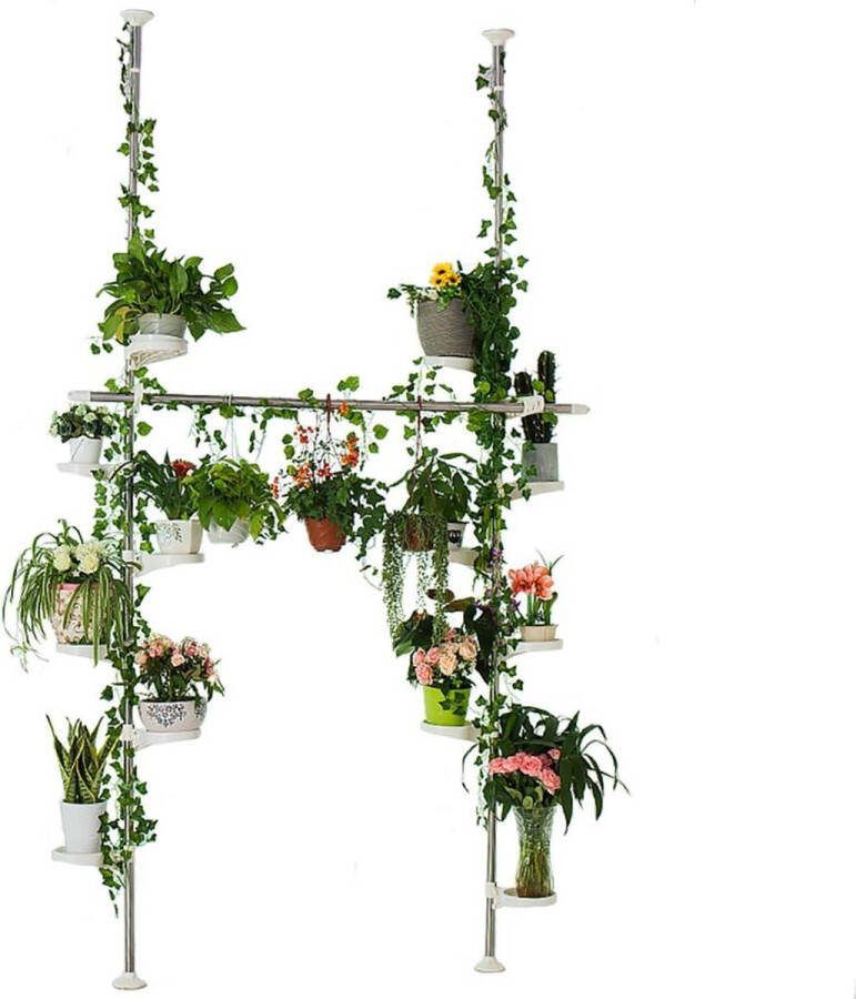 LifeStages Telescopisch Bloemenrek Binnen Dubbelpolig Plantenrek Van Metaal Plantentrappen Bloementrap Plank In Hoogte Verstelbaar Met 12 Planken 2 Ophanghaken En 1 Telescoopstang Ivoor