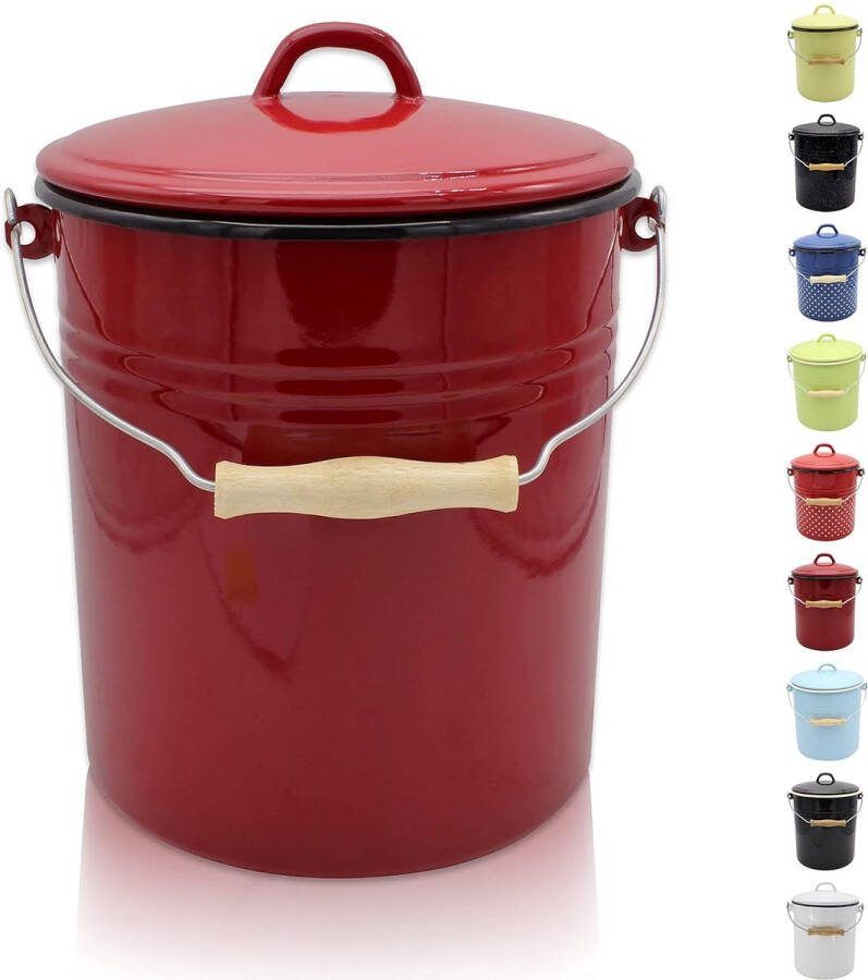 LifeStages Vuilnisbak met deksel stalen afvalemmer met emaille coating en houten handvat snij- en krasbestendig oppervlak duurzaam en veelzijdig inzetbaar (10 liter rood) De KRÜGER Store openen
