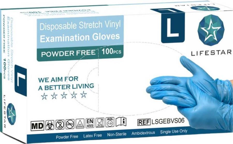 Lifestar -Stretch Vinyl wegwerphandschoenen 100 st.-poedervrij blauw Maat XL beschikbaar in S-M-L-XL
