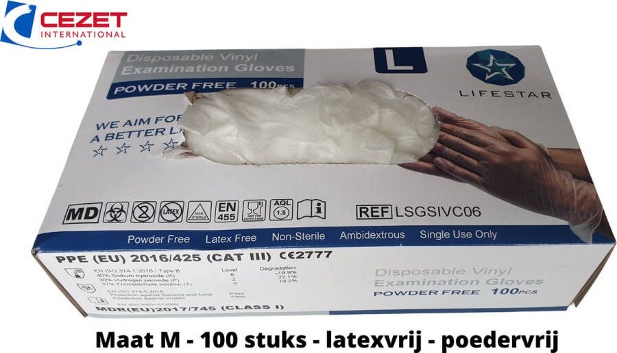 Lifestar Wegwerp handschoenen vinyl transparant maat M 100 stuks latexvrij poedervrij allergievrij