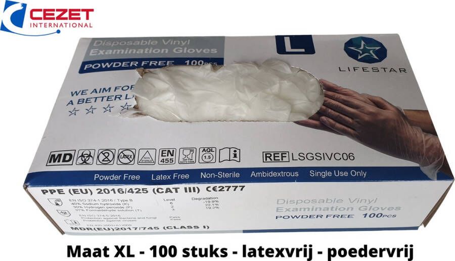 Lifestar Wegwerp handschoenen vinyl transparant Maat XL 100 stuks latexvrij poedervrij allergievrij