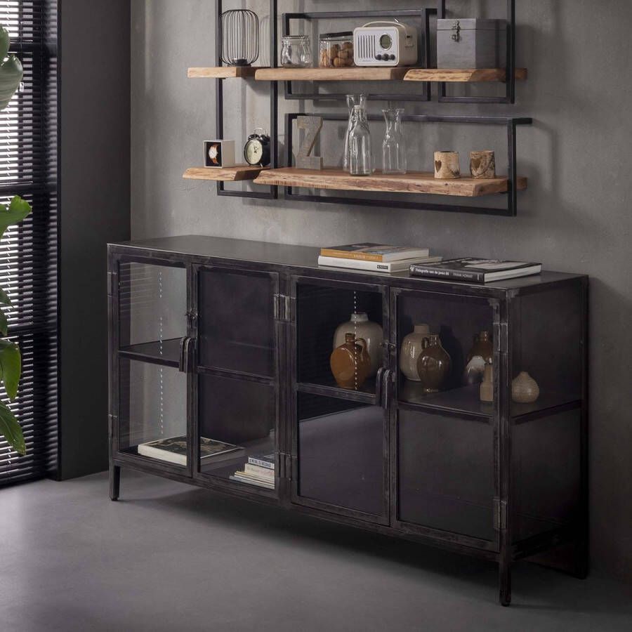 LifestyleFurn Industrieel Dressoir 'Rift Metal' 180cm met 4 glazen deuren