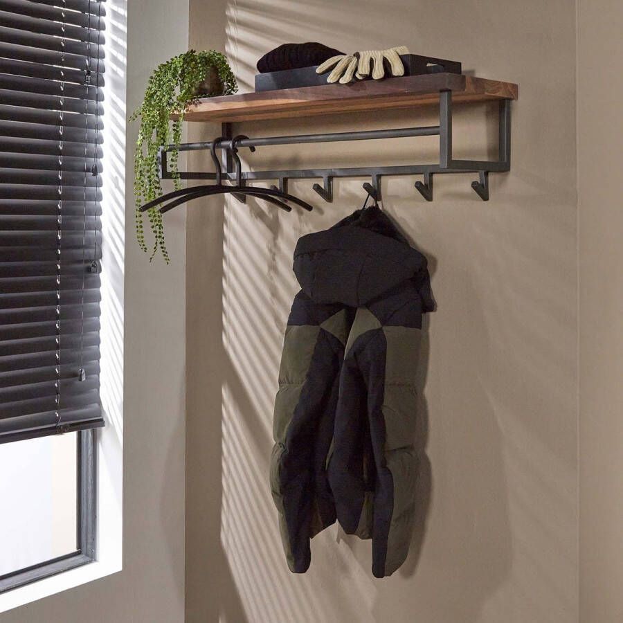 LifestyleFurn Kapstok Amadou Saja notenhout met 6 haken en plank Massief Saja natural