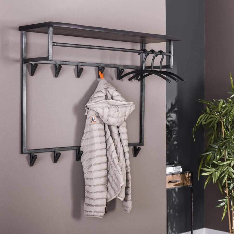 LifestyleFurn Kapstok Yena Acaciahout en metaal met 12 haken en plank Massief acacia zwart