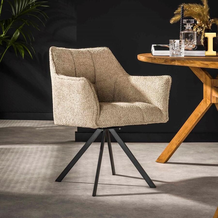 LifestyleFurn Eetkamerstoel set van 2 Thandie Bouclé Draaibaar Boucle zandkleur