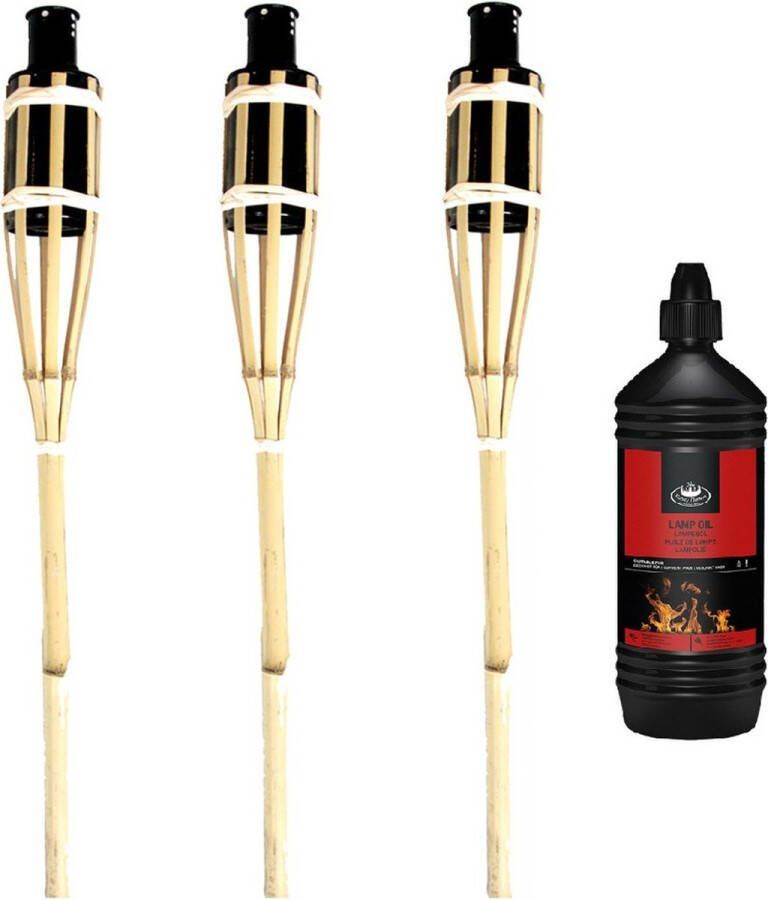 Lifetime Garden Tuinfakkels 3x stuks 60 cm van bamboe inclusief 1 liter lampenolie fakkelolie