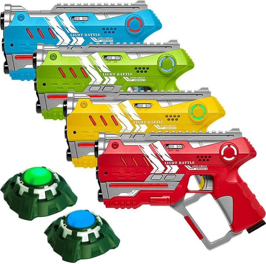 Light Battle Connect Lasergame Set 4 Laserguns ( Rood Blauw Geel Groen) + 2 Targets met Anti-Cheat functie Laser game speelgoed voor 4 spelers