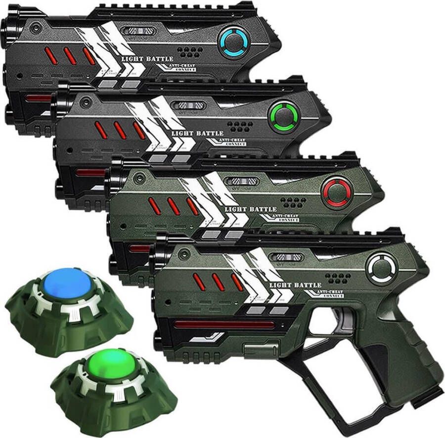 Light Battle Connect Lasergame Set Metallic Groen Grijs 4 Laserguns + 2 Targets met Anti-Cheat functie Laser game voor 4 spelers