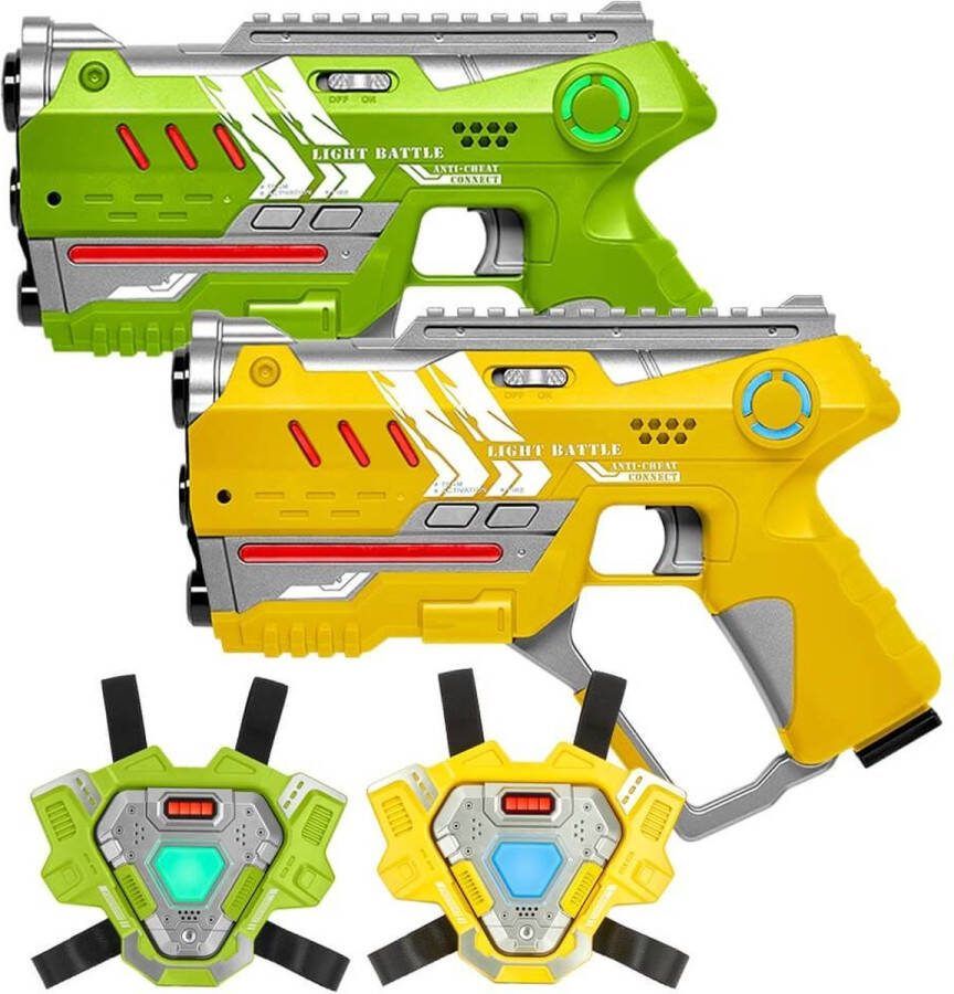 Light Battle Connect Laserguns Geel Groen + 2 Connect Vesten Laserpistolen met unieke Anti-Cheat functie Lasergame set voor 2 spelers