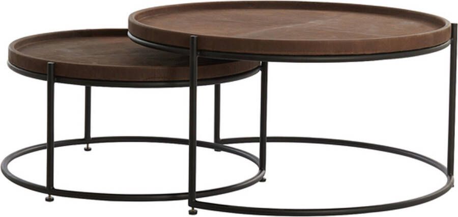 Light & Living Ronde Salontafel Jairo Leder en metaal Set van 2 stuks Bruin