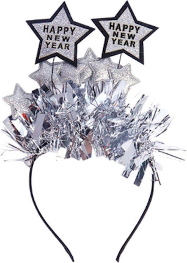 Like Bobby Diadeem HAPPY NEW YEAR ZILVER oud en nieuw haarband verkleden glitters -sterretjes hoofddeksel verkleedfeest thema feest