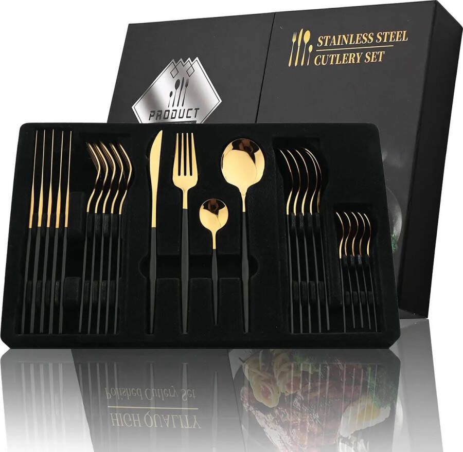 Lilev28 Giftset 24Pcs Gouden Bestek Set Zwart Handvat Roestvrij Stalen Mes Vork Lepel Keuken Servies Gift