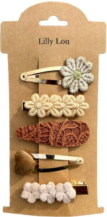 Lilly Lou Haarspeldjes Haarclips aligatorspeldjes 5 cm beige bruin goud 5 stuks meisje peuter kleuter handgemaakt