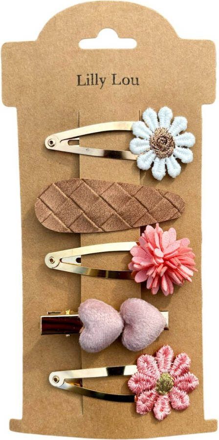 Lilly Lou Haarspeldjes Haarclips aligatorspeldjes 5 cm roze bruin wit goud 5 stuks meisje peuter kleuter handgemaakt
