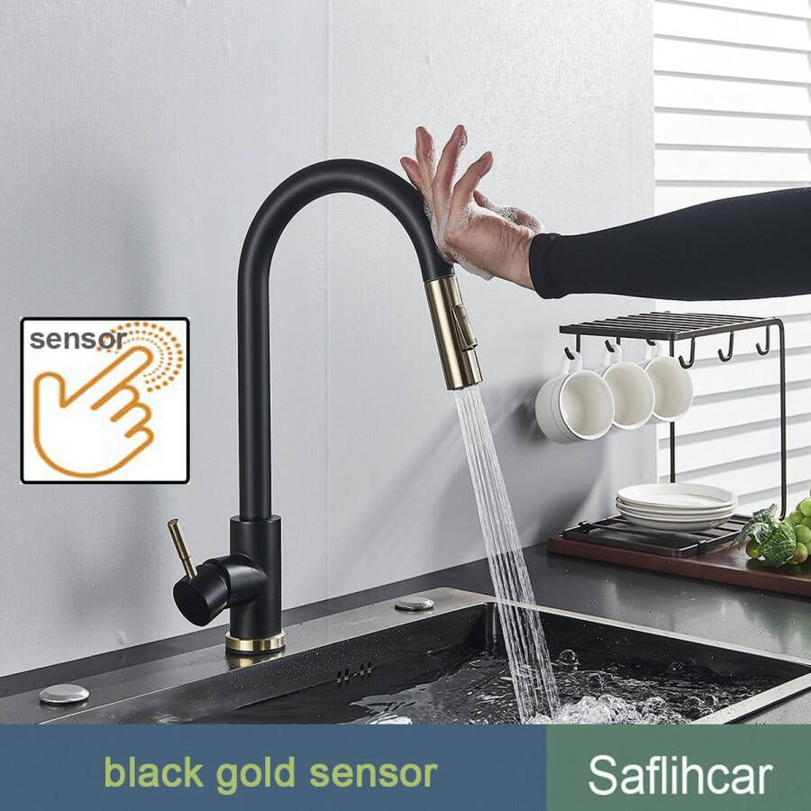 Lima Smart Sensor Touch Keuken Wastafelkraan 360 Rotatie Kraan Twee functies Kleur Zwart Goud