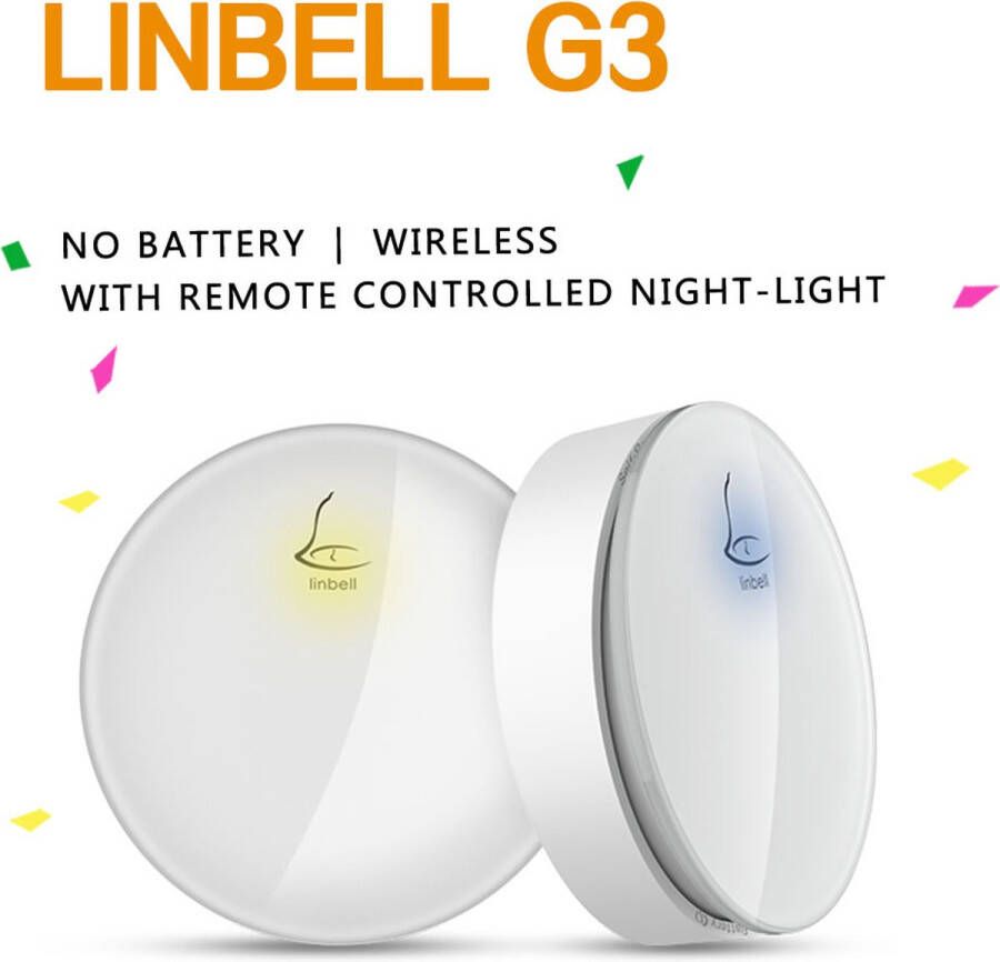 Linbell Waterdichte Batterijloze en Draadloze Plug-in Deurbel met LED Nachtverlichting (G3_Wit)