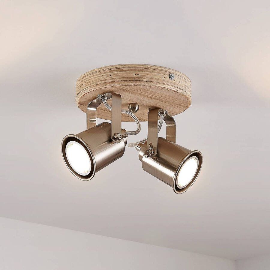 Lindby buitenspot 2lichts hout metaal H: 13 cm GU10 donker hout gesatineerd nikkel