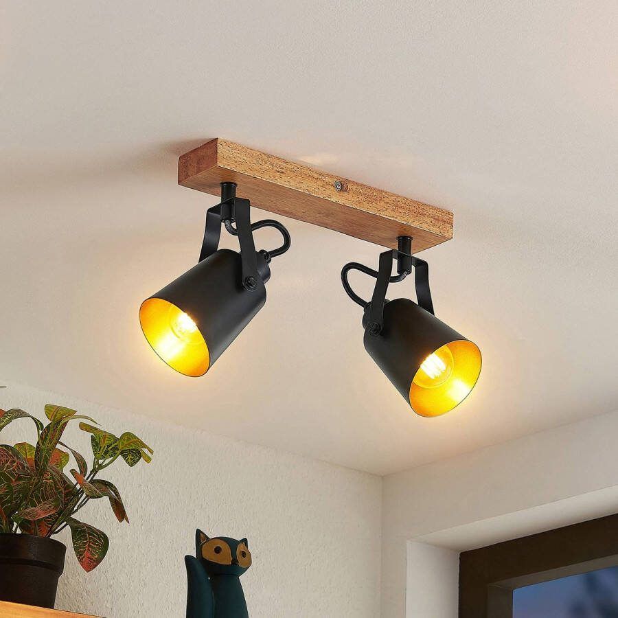 Lindby buitenspot 2lichts ijzer rubberhout H: 15.8 cm E14 zwart donker hout