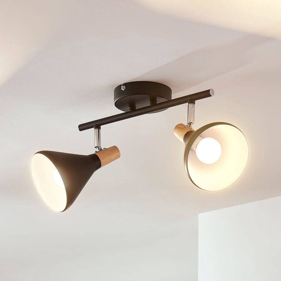 Lindby buitenspot 2lichts metaal hout H: 17 cm E14 zwart licht hout