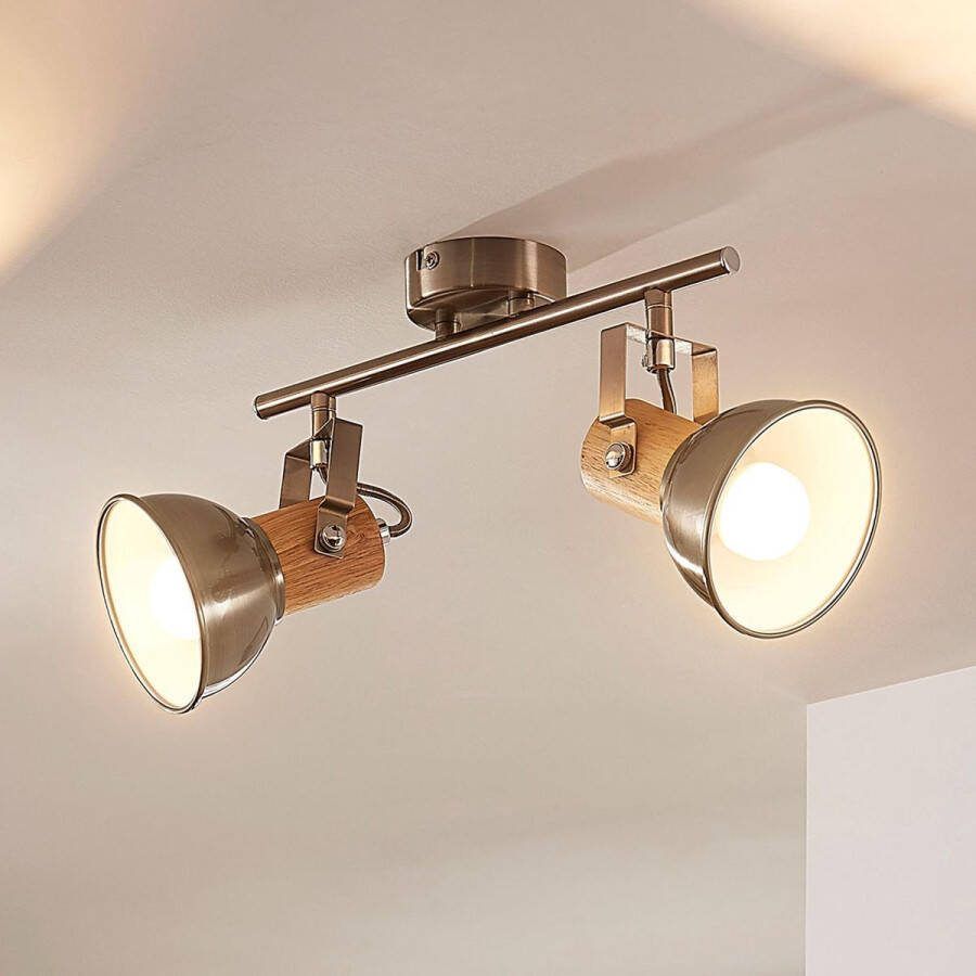 Lindby buitenspot 2lichts metaal hout H: 22.5 cm E14 gesatineerd nikkel helder hout