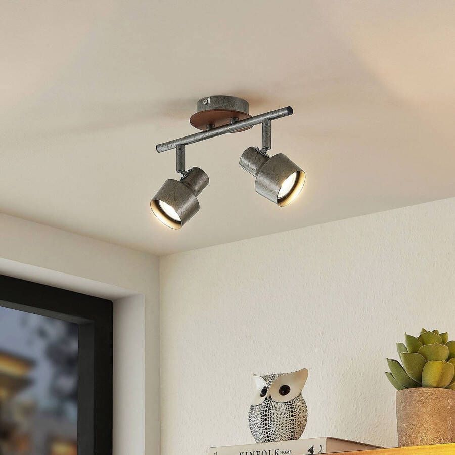 Lindby buitenspot 2lichts staal houtvezel H: 16 cm GU10 grijs hout