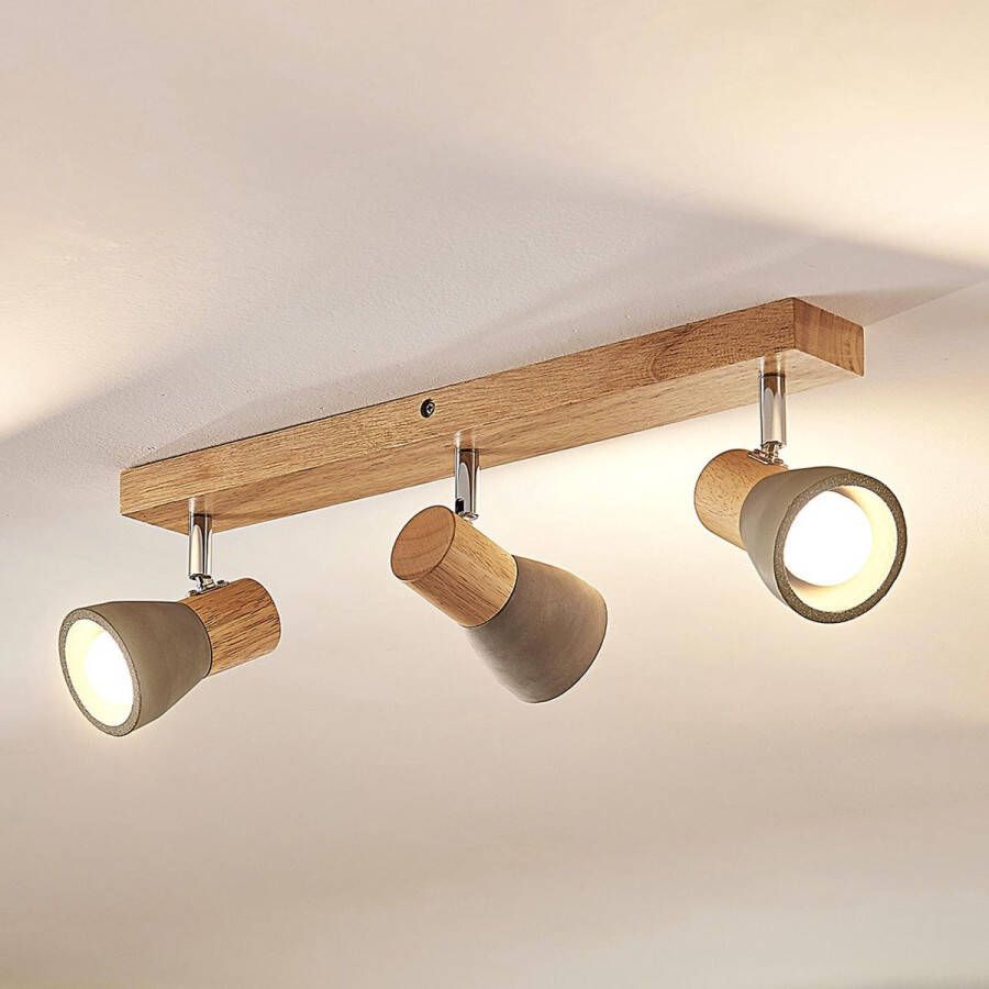 Lindby buitenspot 3lichts Beton hout metaal H: 12.3 cm E14 betongrijs licht hout satijnnikkel