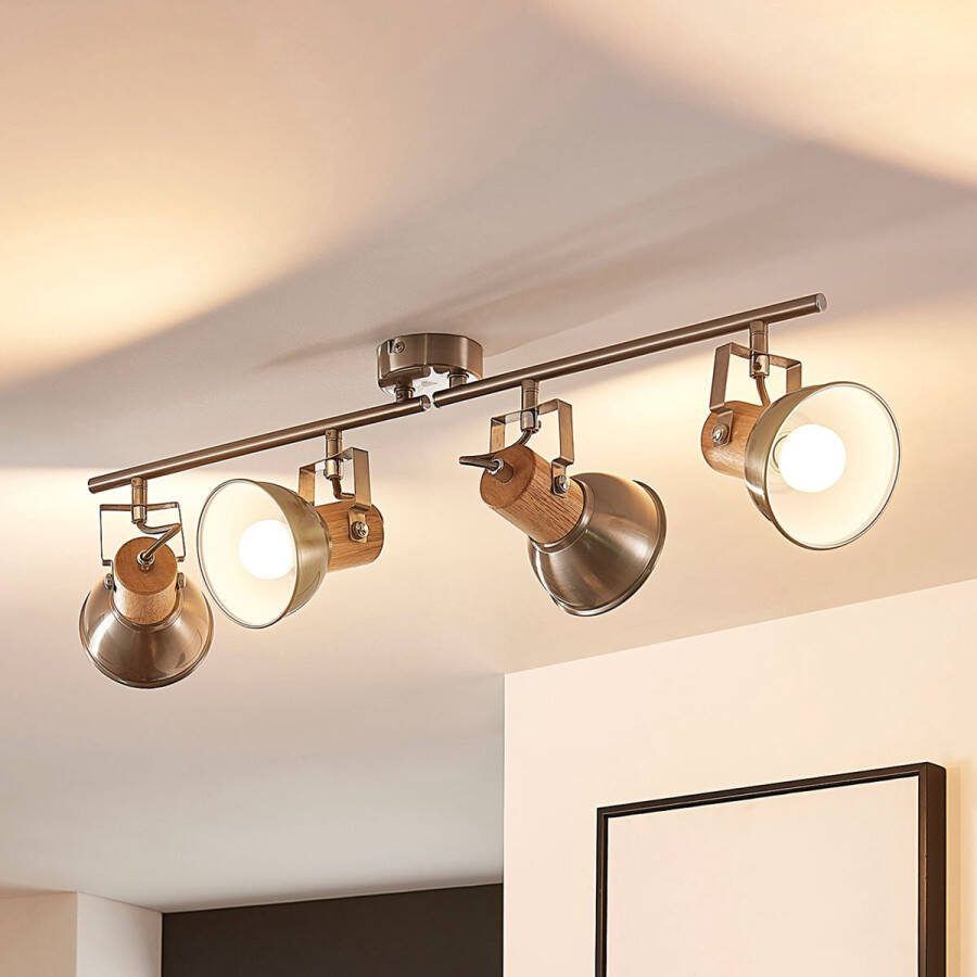 Lindby buitenspot 4lichts metaal hout H: 22.7 cm E14 gesatineerd nikkel helder hout