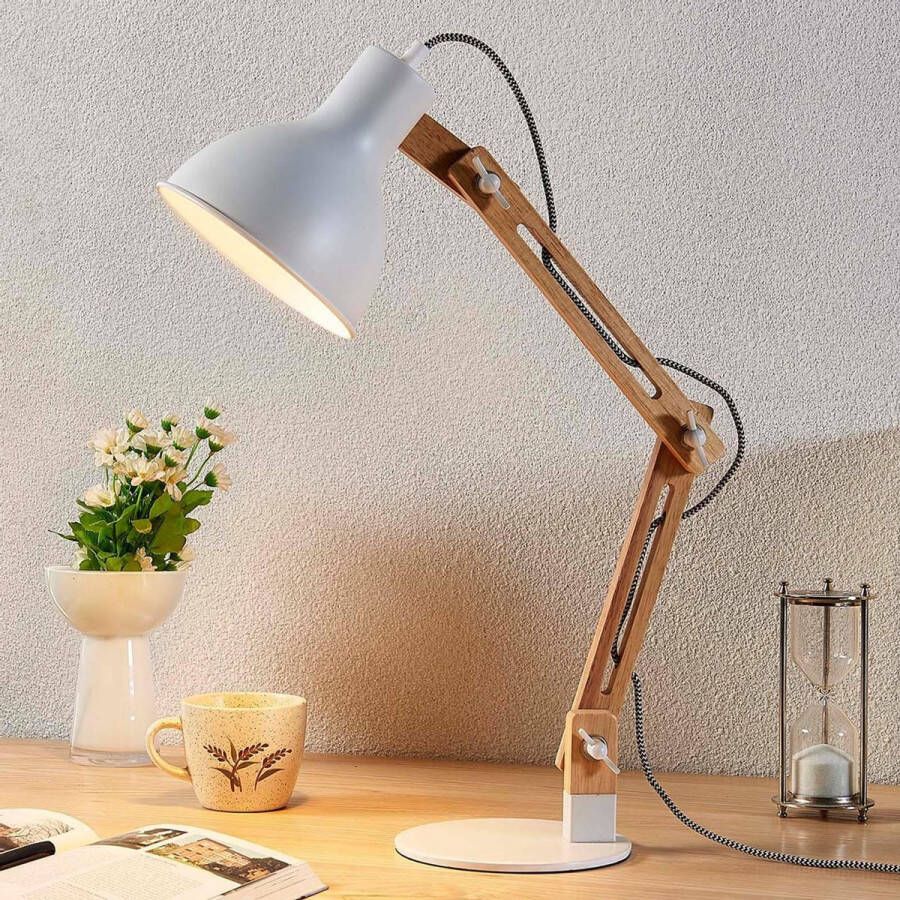 Lindby bureaulamp 1licht metaal essenhout H: 46 cm E27 wit essenhout