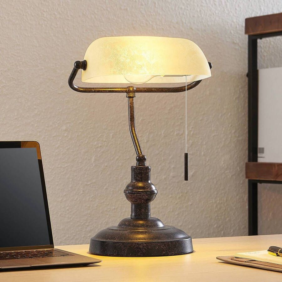 Lindby bureaulamp 1licht staal glas H: 38 cm E27 roestbruin amber