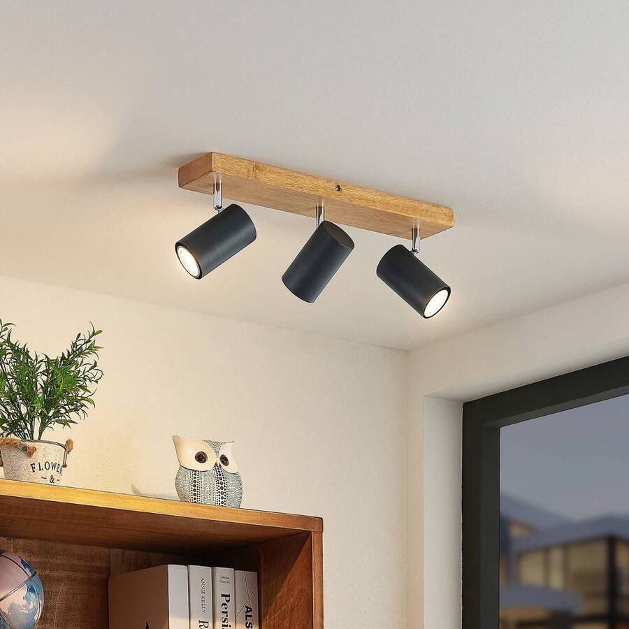 Lindby buitenspot 3lichts ijzer rubberhout H: 16 cm GU10 hout licht zwart chroom