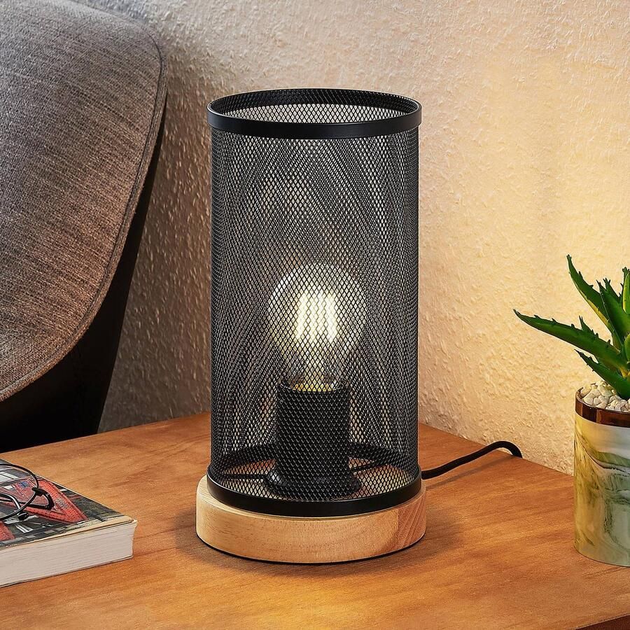 Lindby Tafellamp 1licht staal rubberhout H: 26.5 cm E27 licht hout zwart