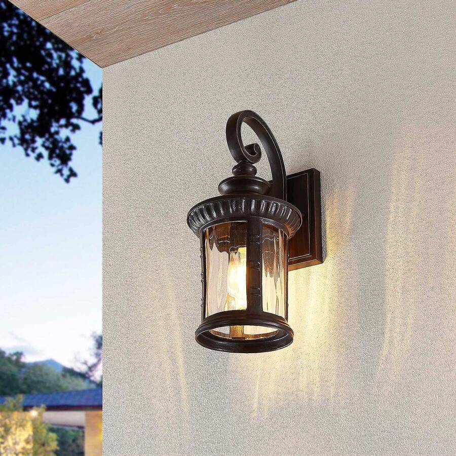 Lindby Wandlamp buiten 1licht aluminium glas H: 38.5 cm E27 bruin goud transparant