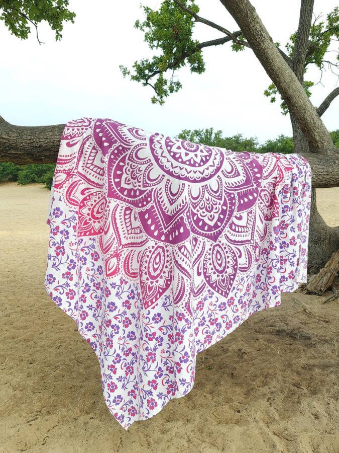 Lindian Style XL groot strandlaken 100% duurzaam katoen Dun textiel Roze paars Mandala