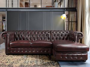 LINEA SOFA Hoekbank van 100% buffelleer Chesterfield BRENTON Kersenrood Hoek rechts L 274 cm x H 82 cm x D 166 cm