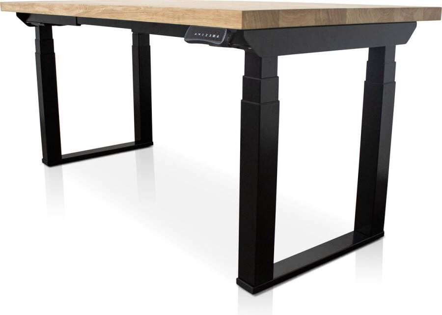 Multi Ratio Zit-sta bureau met massief eiken blad 140 x 80 cm MRC PRO U-poot frame zwart NEN-EN 527 elektrisch verstelbaar frame zwart 130 cm hoog 150KG draagvermogen