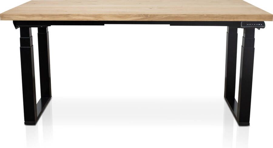 Multi Ratio Zit-sta bureau met massief eiken blad 180 x 80 cm MRC PRO U-poot frame zwart NEN-EN 527 elektrisch verstelbaar frame zwart 130 cm hoog 150KG draagvermogen