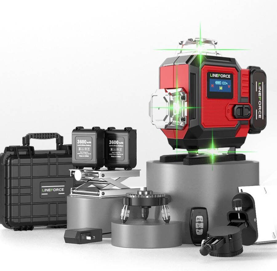Lineforce 4D Kruislijnlaser Incl draagkoffer en display 4 tot 16 lijnen Zelfnivellerend 50 meter bereik Met 2 batterijen 360° Schakelbaar horizontaal & verticaal Lijnlaser Kruislaser Bouwlaser