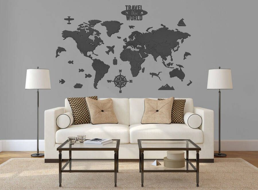 Linescapes Houten Wereldkaart BUDGET Zwart Met Figuurtjes Muurdecoratie 140 x 75 CM Wanddecoratie Landkaart