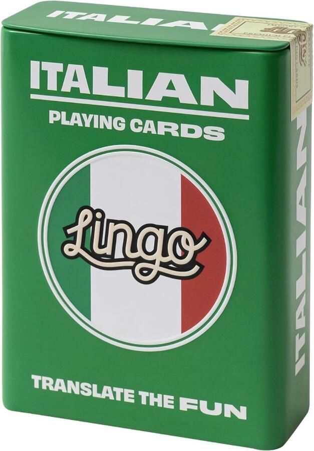 Lingo Italiaans speelkaarten in blikken doos speelkaarten Taal leren spel set Leuk Visueel Flashcard Deck om de woordenschat en uitspraak vaardigheden te verhogen 52 essentiële vertalingen Talen leren reizen spel 6.71x1.8x8.99cm 181g